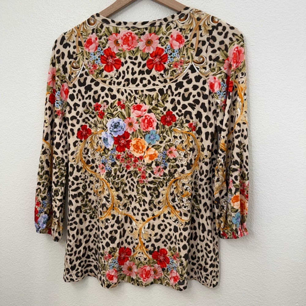 Johnny Was Leopard Floral Tunic Top Bamboo Viscose Puff Sleeve Boho XXS - Picture 6 of 12